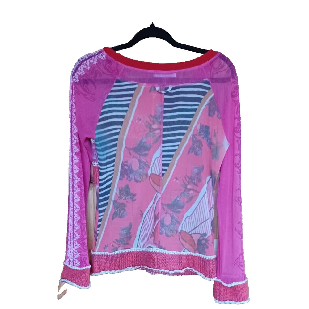 LULU-H Multi Media Zip up Cotton Blend Lacy Sheer Cardigan Pink Women's Small - Picture 3 of 5